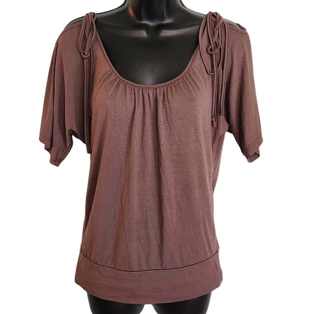 Weavers Shoulder Tie Short Sleeve Casual Blouse Top‎ Brown Womens Small
